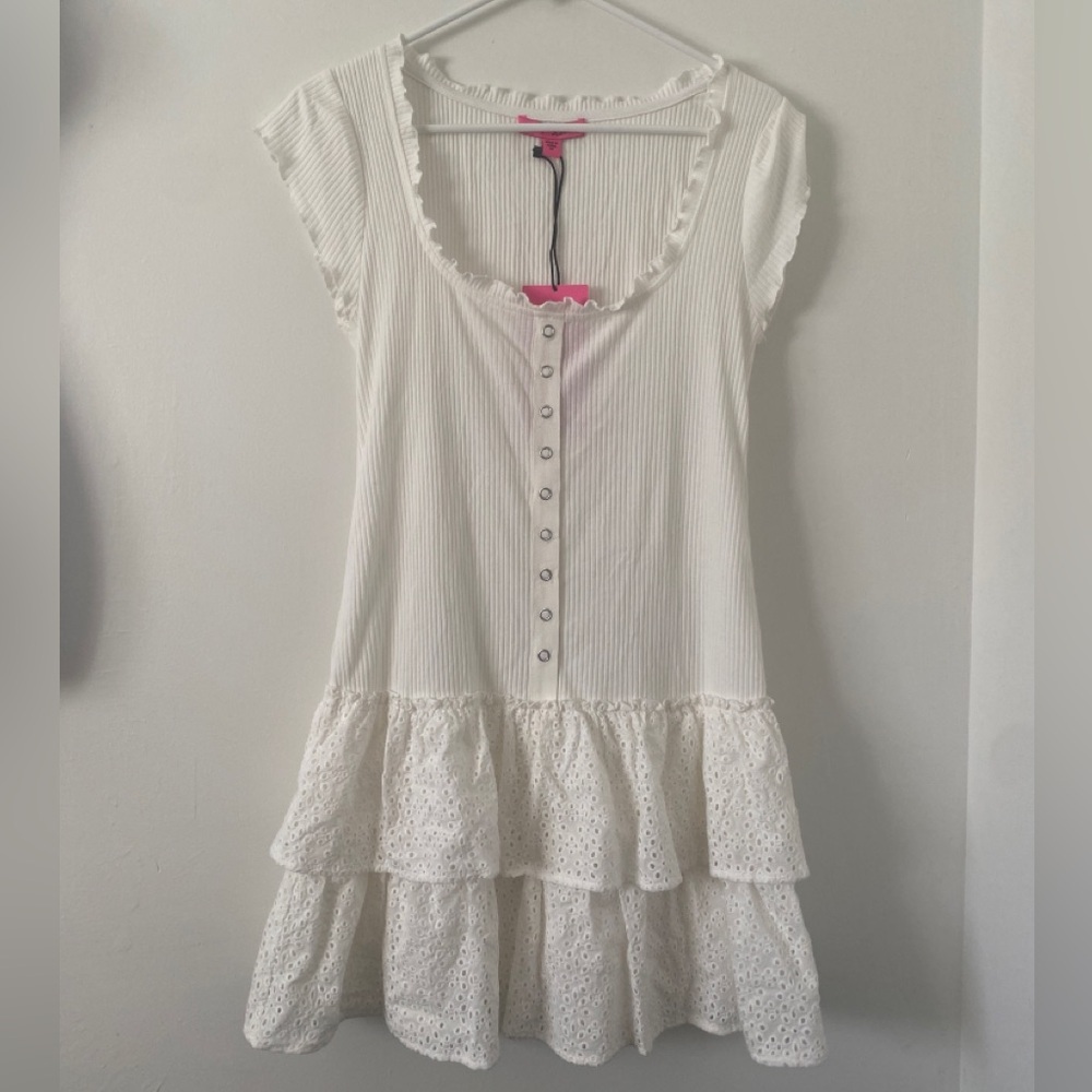 Betsey Johnson White Scoop Neck Ruffled Eyelet Button Front Mini Dress NWT - Picture 2 of 5
